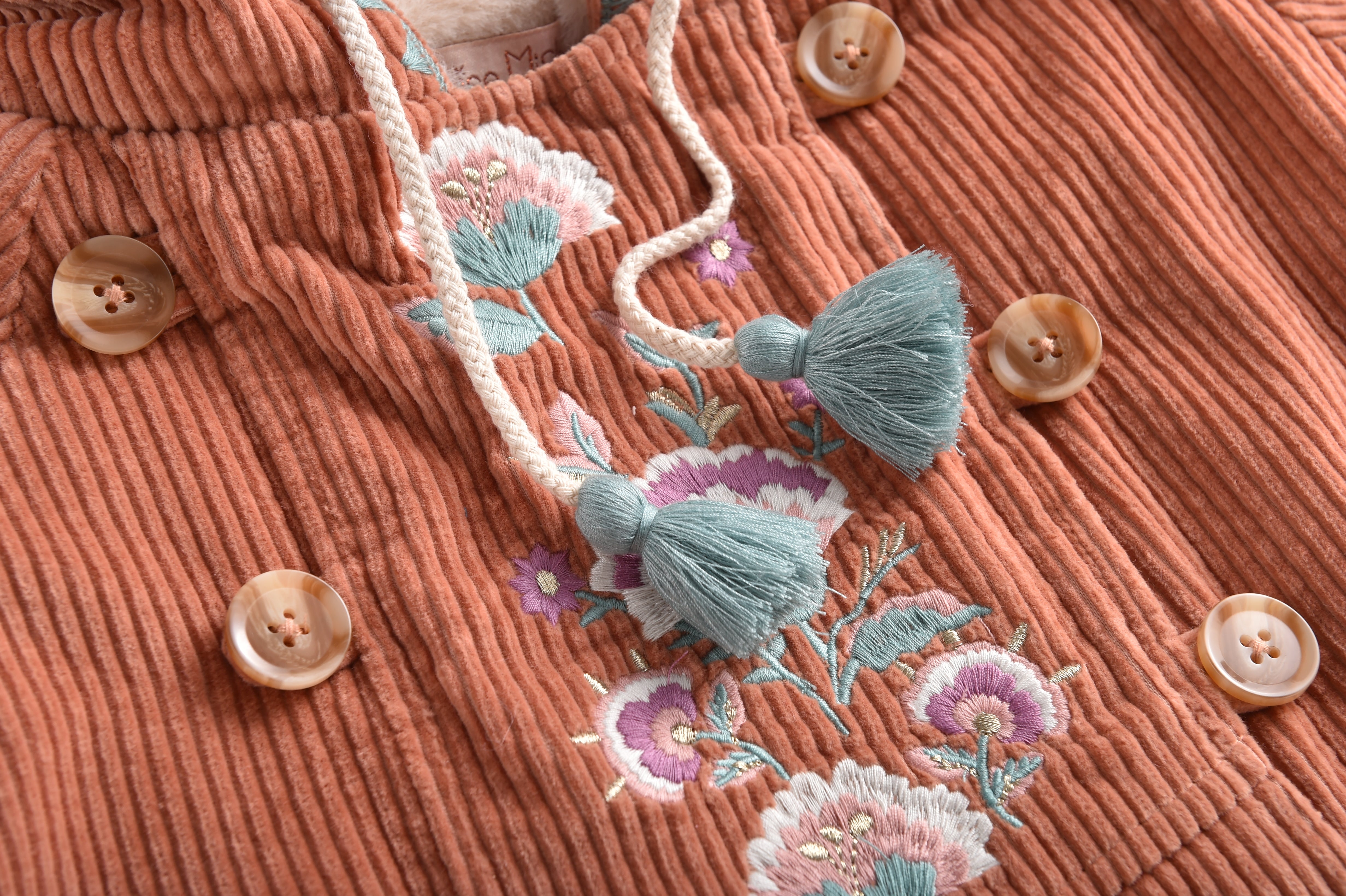 Girls Terracotta Embroidered Cotton Coat