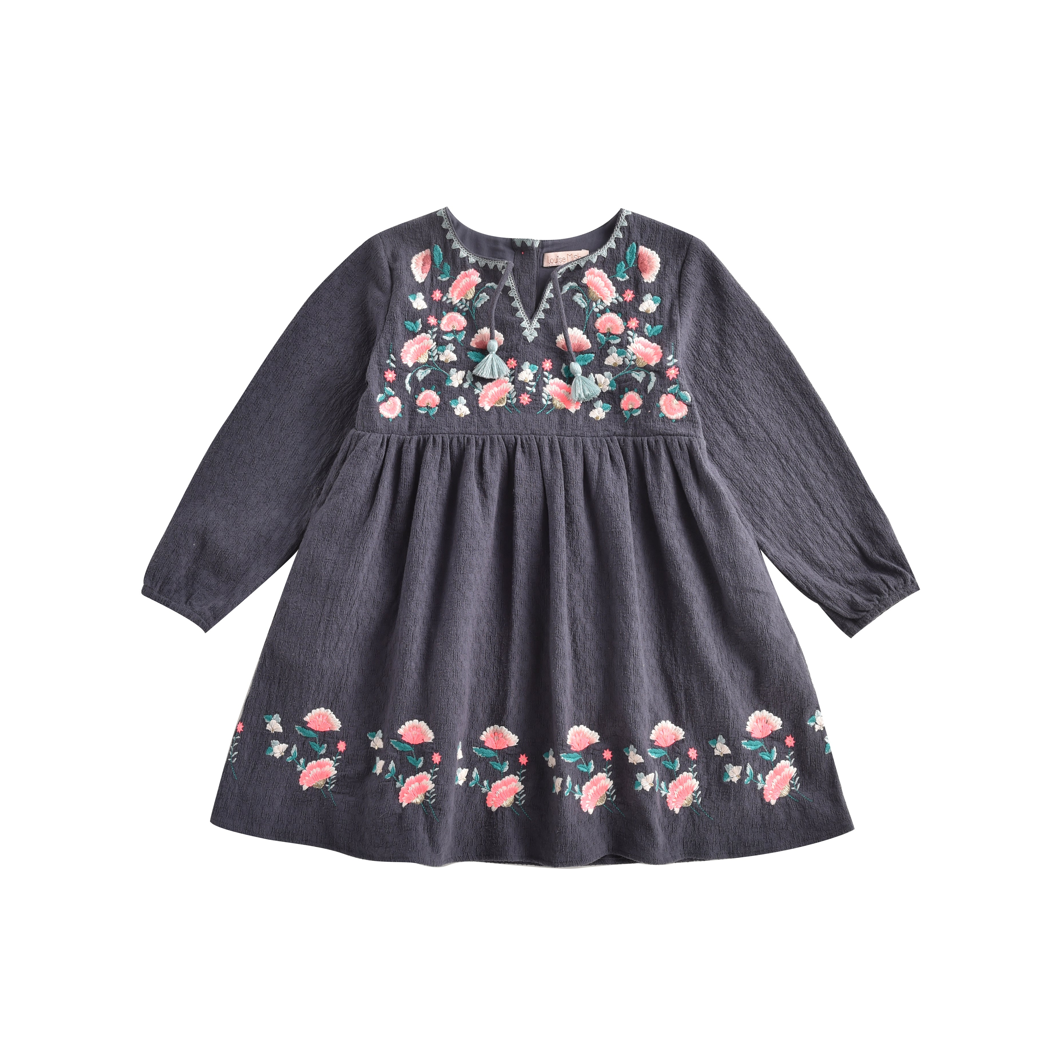 Girls Grey Embroidered Cotton Dress