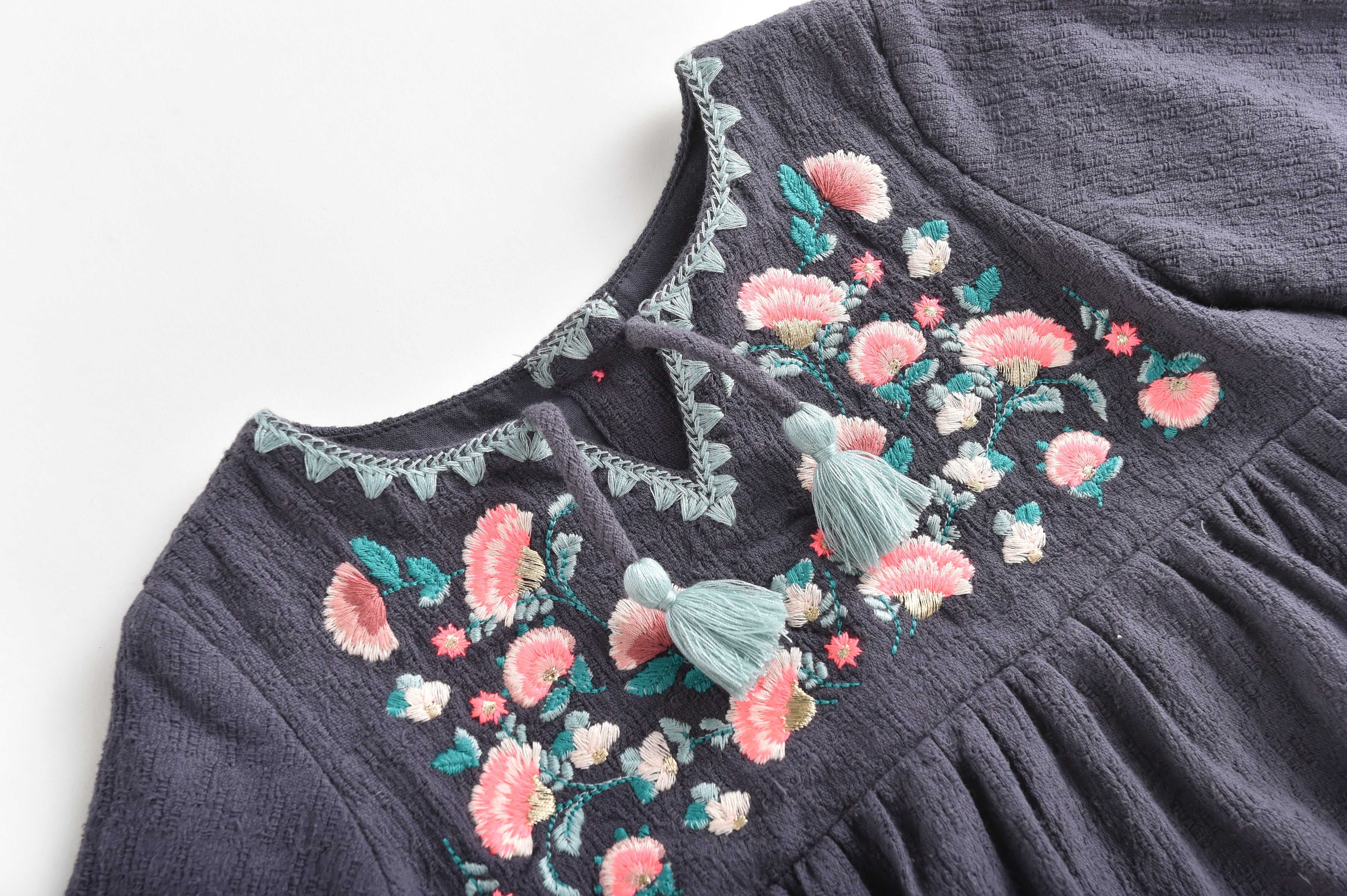Girls Grey Embroidered Cotton Dress