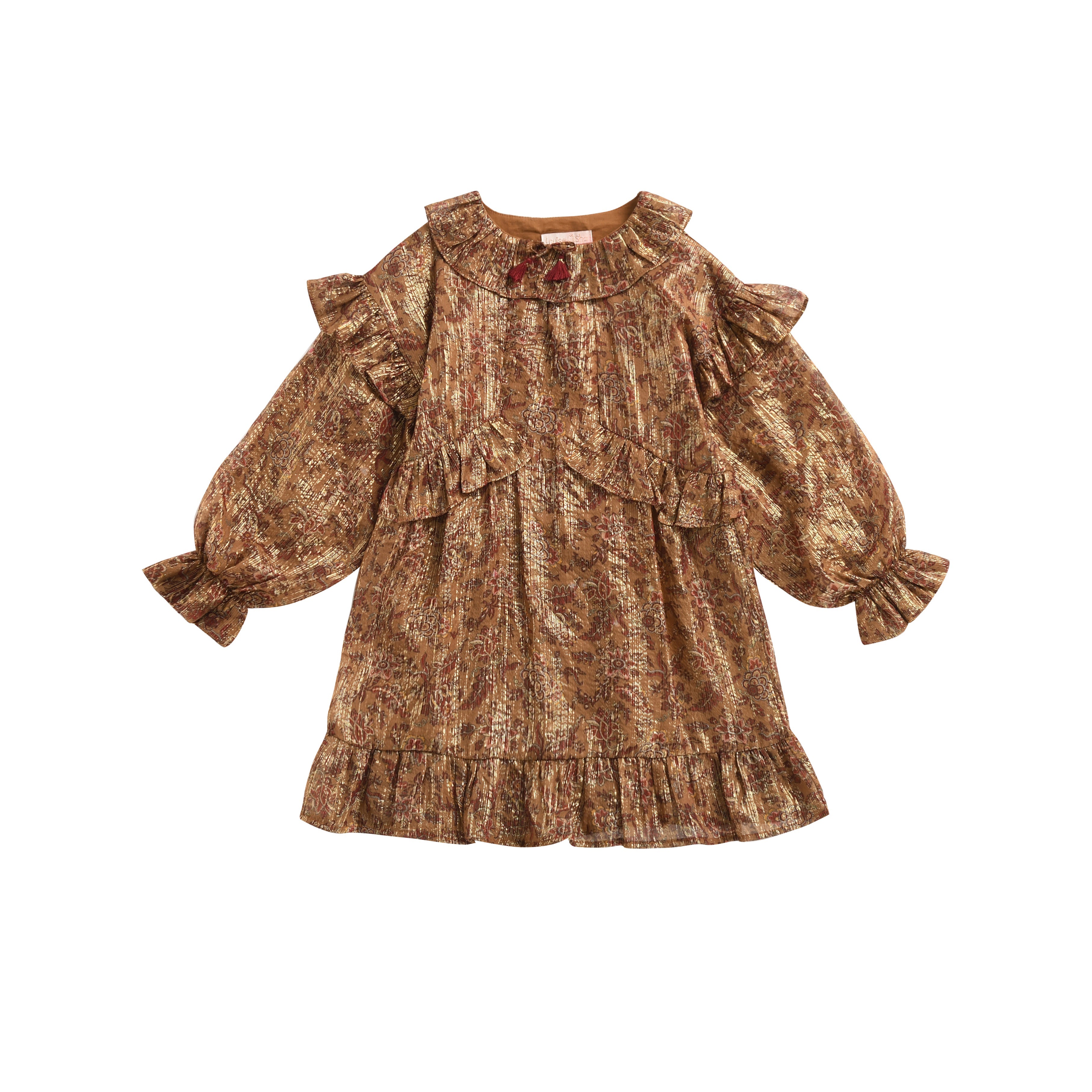 Girls Brown Flowers Silk Dress