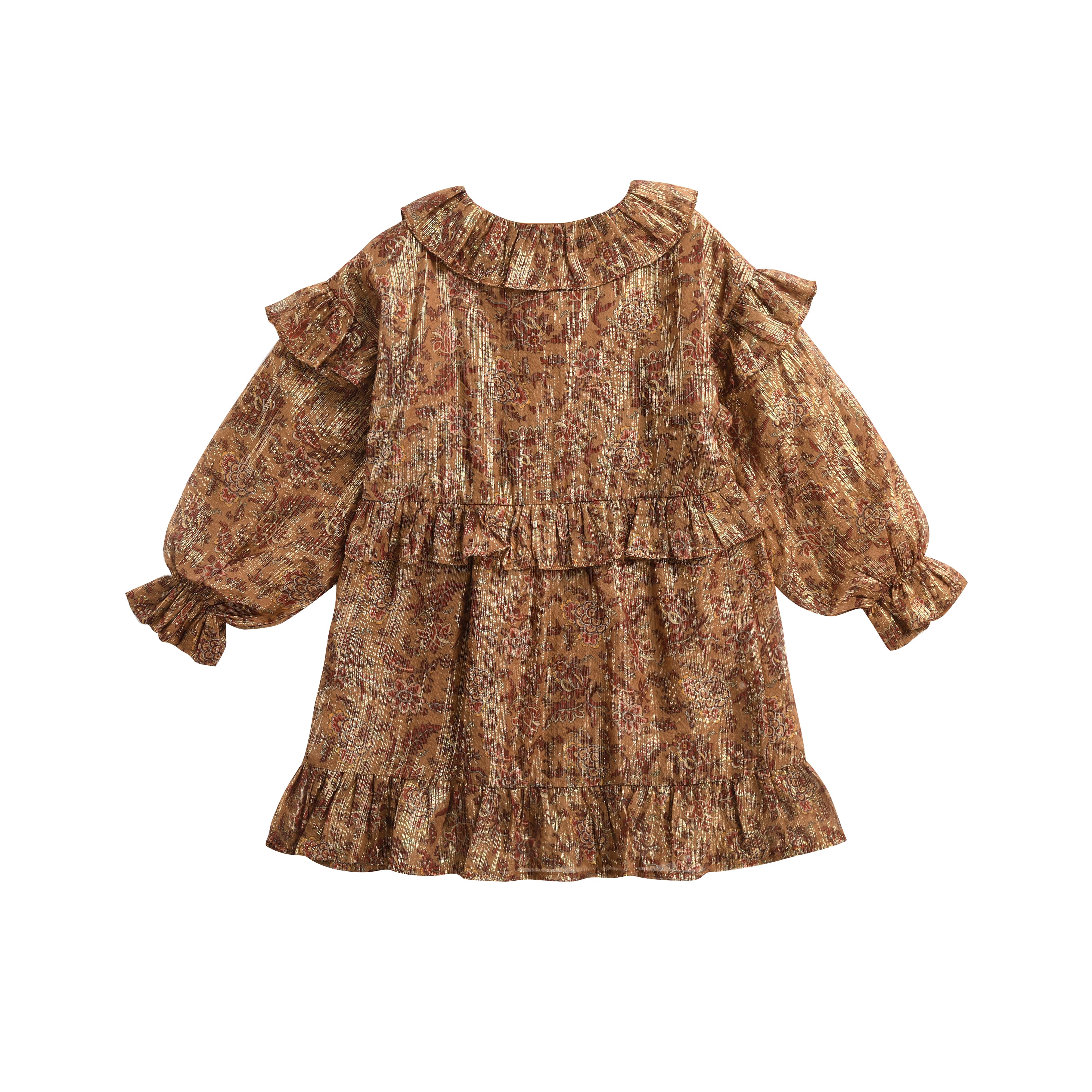 Girls Brown Flowers Silk Dress