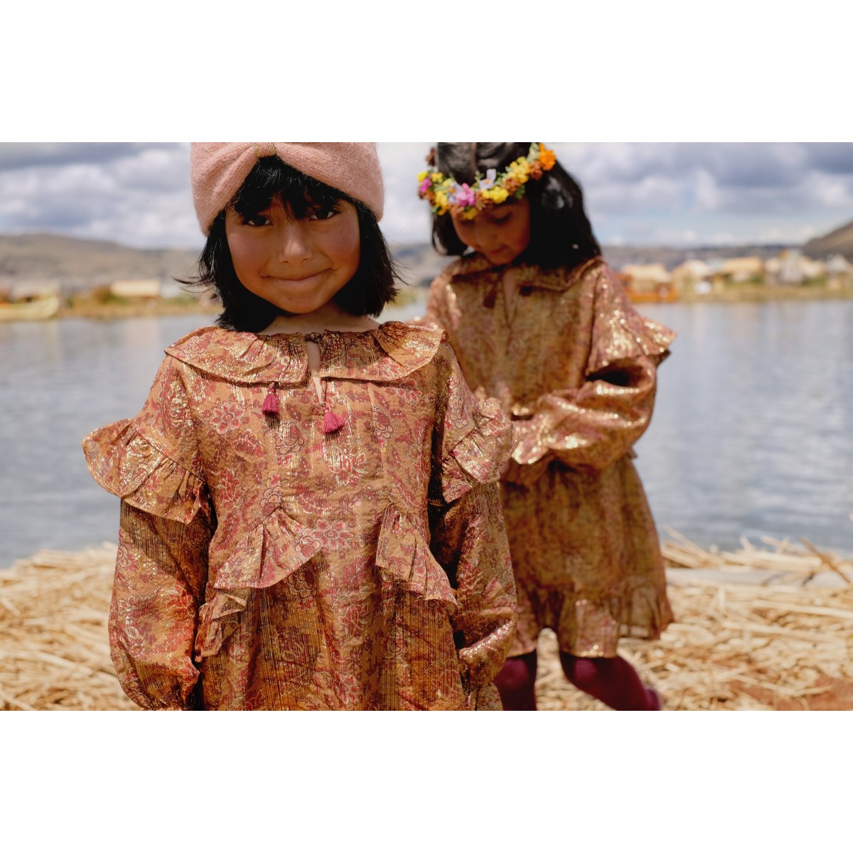 Girls Brown Flowers Silk Dress